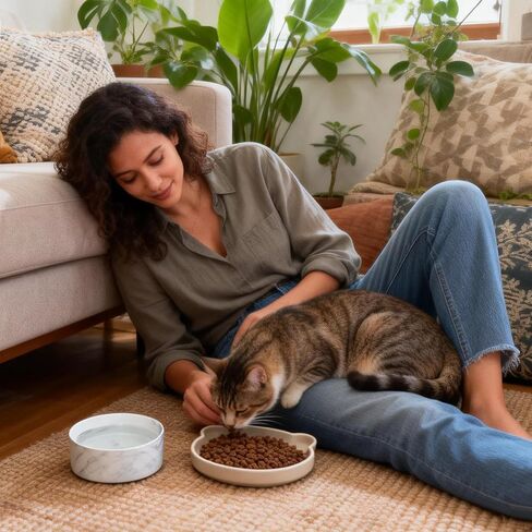 Cat Food and Water Bowl Set, Heavy Weighted Ceramic, No Tip Over, Shallow Wide Whisker Fatigue Silicone Dish, Pet Comfort Feeder for Small Dog, Untippable, Dishwasher Safe, 6 inch in Kuwait