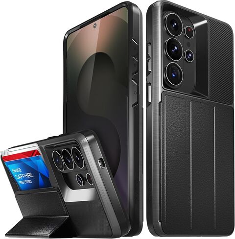 حافظة محفظة VENA متوافقة مع هاتف Samsung Galaxy S22 (2022)، vCommute (حماية من السقوط من الدرجة العسكرية) غطاء جلدي قابل للطي مع حامل فتحة للبطاقات مع مسند (رمادي فضائي) in Saudi Arabia