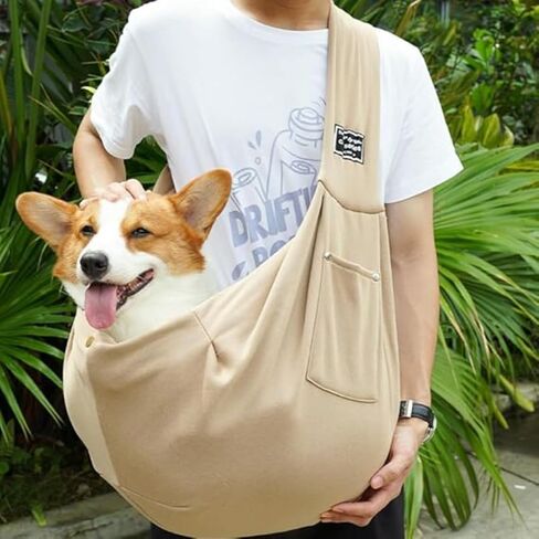 Dog Carrier Sling with Pocket, Hands-Free Pet Carrier Bag for Small to Medium Dogs, Breathable Cotton Puppy Papoose for Walking & Travel (Khaki) in Kuwait