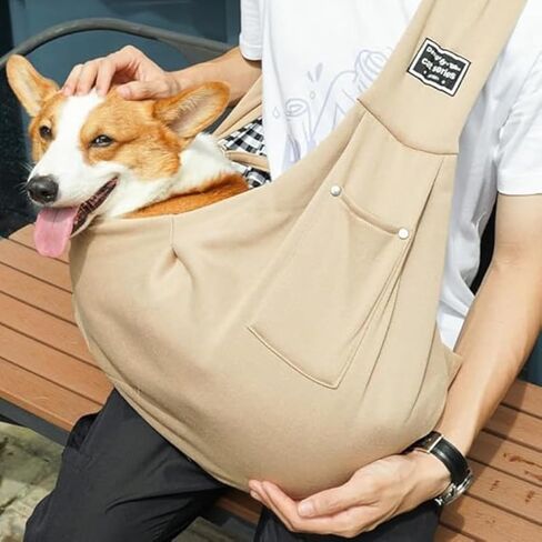 Dog Carrier Sling with Pocket, Hands-Free Pet Carrier Bag for Small to Medium Dogs, Breathable Cotton Puppy Papoose for Walking & Travel (Khaki) in Kuwait