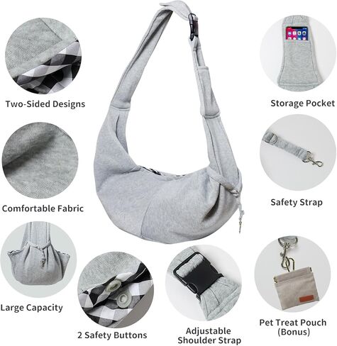 CONLI Small Dog Carrier Sling with Adjustable Strap & Dual Safety - Features Storage Pocket & Detachable Treat Pouch, Hands-Free Pet Sling for Chihuahuas, Yorkies Under 12lbs for Walking, Hiking in Kuwait