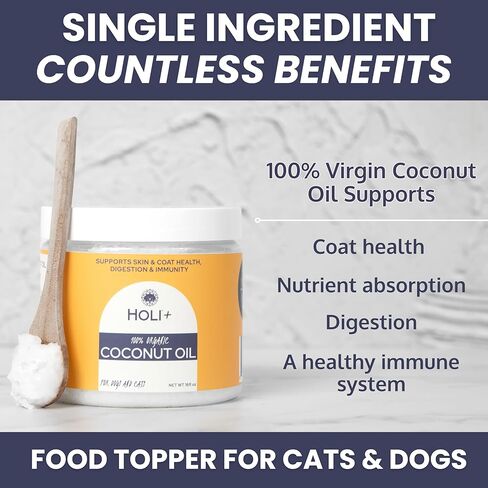 HOLI 100% Organic Coconut Oil for Dogs & Cats – Cold-Pressed Virgin Coconut Oil for Dogs Skin & Coat, Itchy Skin, Hot Spot Treatment & Paw Balm – MCT Lauric Supplement, Non-GMO, Pet Safe - 16oz in Kuwait