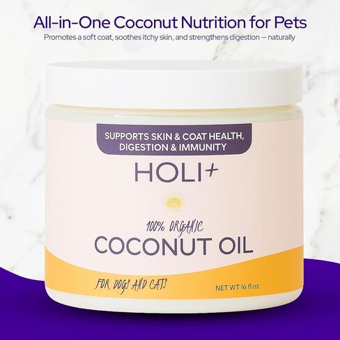 HOLI 100% Organic Coconut Oil for Dogs & Cats – Cold-Pressed Virgin Coconut Oil for Dogs Skin & Coat, Itchy Skin, Hot Spot Treatment & Paw Balm – MCT Lauric Supplement, Non-GMO, Pet Safe - 16oz in Kuwait
