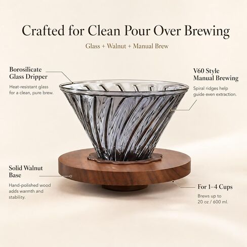 Glass Pour Over Coffee Dripper with Solid Walnut Base, V60 Style Manual Drip Coffee Maker, 1–4 Cup (20oz) Borosilicate Glass Brewer for Home and Office in Kuwait