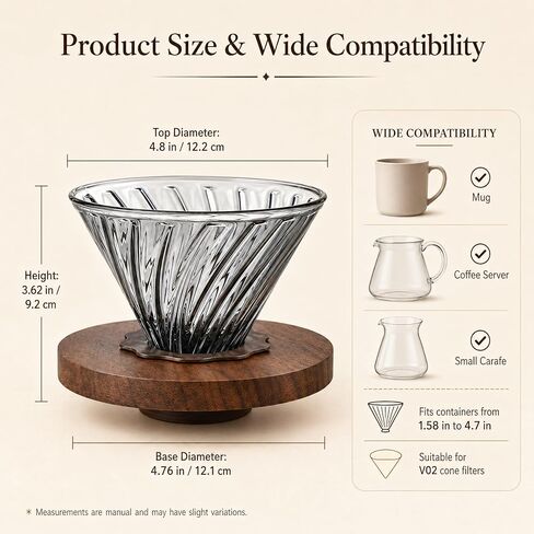 Glass Pour Over Coffee Dripper with Solid Walnut Base, V60 Style Manual Drip Coffee Maker, 1–4 Cup (20oz) Borosilicate Glass Brewer for Home and Office in Kuwait