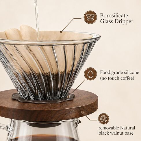 Glass Pour Over Coffee Dripper with Solid Walnut Base, V60 Style Manual Drip Coffee Maker, 1–4 Cup (20oz) Borosilicate Glass Brewer for Home and Office in Kuwait
