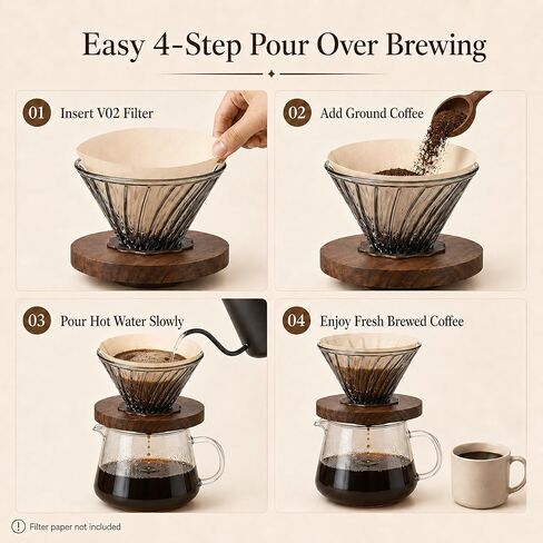 Glass Pour Over Coffee Dripper with Solid Walnut Base, V60 Style Manual Drip Coffee Maker, 1–4 Cup (20oz) Borosilicate Glass Brewer for Home and Office in Kuwait