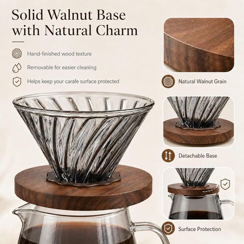 Glass Pour Over Coffee Dripper with Solid Walnut Base, V60 Style Manual Drip Coffee Maker, 1–4 Cup (20oz) Borosilicate Glass Brewer for Home and Office in Kuwait