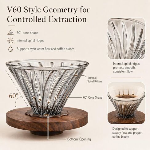 Glass Pour Over Coffee Dripper with Solid Walnut Base, V60 Style Manual Drip Coffee Maker, 1–4 Cup (20oz) Borosilicate Glass Brewer for Home and Office in Kuwait