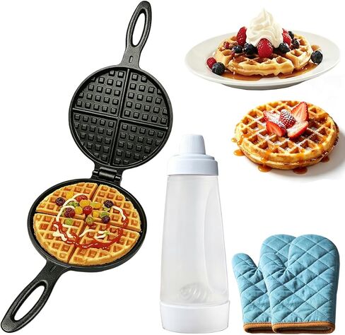 Cast Iron Waffle Maker, 7" Round Belgian Waffle Maker with Pancake Batter Dispenser Bottle and Oven Mitts, Two Piece Hinged Non Electric for Kitchen Stovetop and Picnics, Black in Kuwait