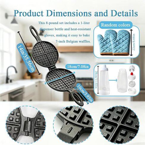 Cast Iron Waffle Maker, 7" Round Belgian Waffle Maker with Pancake Batter Dispenser Bottle and Oven Mitts, Two Piece Hinged Non Electric for Kitchen Stovetop and Picnics, Black in Kuwait