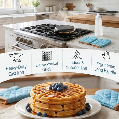 Cast Iron Waffle Maker, 7" Round Belgian Waffle Maker with Pancake Batter Dispenser Bottle and Oven Mitts, Two Piece Hinged Non Electric for Kitchen Stovetop and Picnics, Black in Kuwait