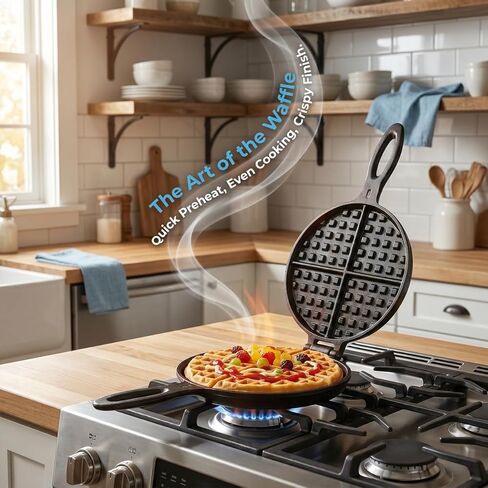 Cast Iron Waffle Maker, 7" Round Belgian Waffle Maker with Pancake Batter Dispenser Bottle and Oven Mitts, Two Piece Hinged Non Electric for Kitchen Stovetop and Picnics, Black in Kuwait