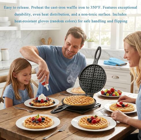 Cast Iron Waffle Maker, 7" Round Belgian Waffle Maker with Pancake Batter Dispenser Bottle and Oven Mitts, Two Piece Hinged Non Electric for Kitchen Stovetop and Picnics, Black in Kuwait