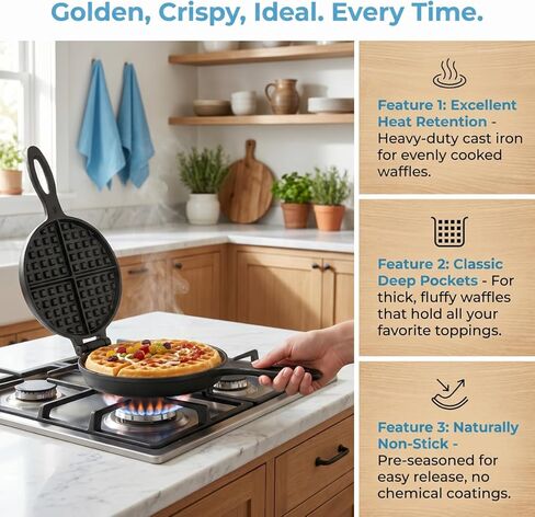 Cast Iron Waffle Maker, 7" Round Belgian Waffle Maker with Pancake Batter Dispenser Bottle and Oven Mitts, Two Piece Hinged Non Electric for Kitchen Stovetop and Picnics, Black in Kuwait