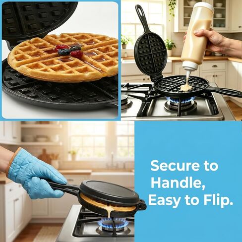 Cast Iron Waffle Maker, 7" Round Belgian Waffle Maker with Pancake Batter Dispenser Bottle and Oven Mitts, Two Piece Hinged Non Electric for Kitchen Stovetop and Picnics, Black in Kuwait