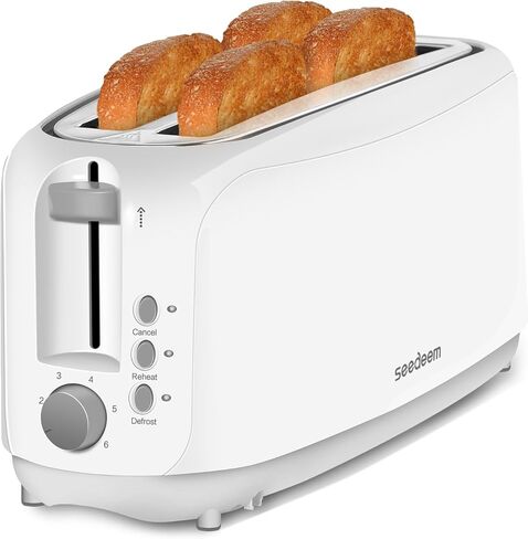 SEEDEEM 4 Slice Toaster, Extra Wide Slots Bread Toaster with 6 Shade Settings, Bagel/Cancel/Defrost/Reheat Functions, Removable Crumb Tray, Auto Shut-Off, White in Saudi Arabia