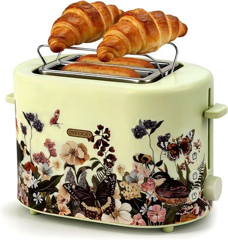 INFOOD Retro Toaster 2 Slice - 6 Toast Settings, Cancel/Defrost/Reheat Buttons, Built-in Warming Rack & Removable Crumb Tray, 1.5 Inches Extra Wide Slots, 750W, Floral Design in Kuwait