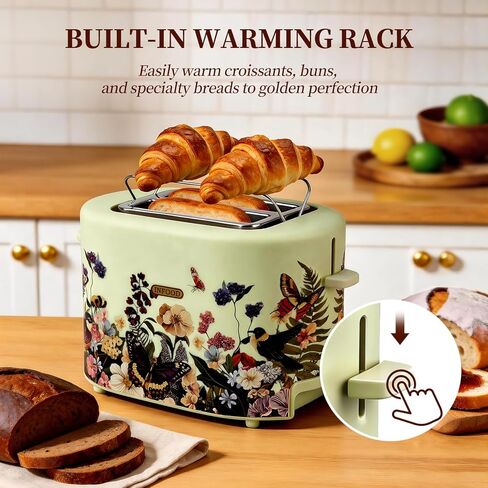 INFOOD Retro Toaster 2 Slice - 6 Toast Settings, Cancel/Defrost/Reheat Buttons, Built-in Warming Rack & Removable Crumb Tray, 1.5 Inches Extra Wide Slots, 750W, Floral Design in Kuwait