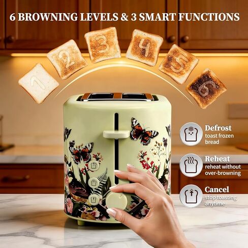 INFOOD Retro Toaster 2 Slice - 6 Toast Settings, Cancel/Defrost/Reheat Buttons, Built-in Warming Rack & Removable Crumb Tray, 1.5 Inches Extra Wide Slots, 750W, Floral Design in Kuwait