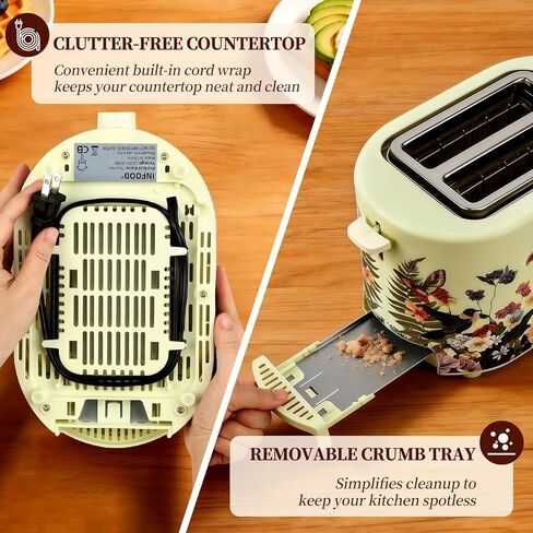 INFOOD Retro Toaster 2 Slice - 6 Toast Settings, Cancel/Defrost/Reheat Buttons, Built-in Warming Rack & Removable Crumb Tray, 1.5 Inches Extra Wide Slots, 750W, Floral Design in Kuwait
