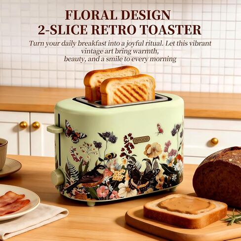 INFOOD Retro Toaster 2 Slice - 6 Toast Settings, Cancel/Defrost/Reheat Buttons, Built-in Warming Rack & Removable Crumb Tray, 1.5 Inches Extra Wide Slots, 750W, Floral Design in Kuwait