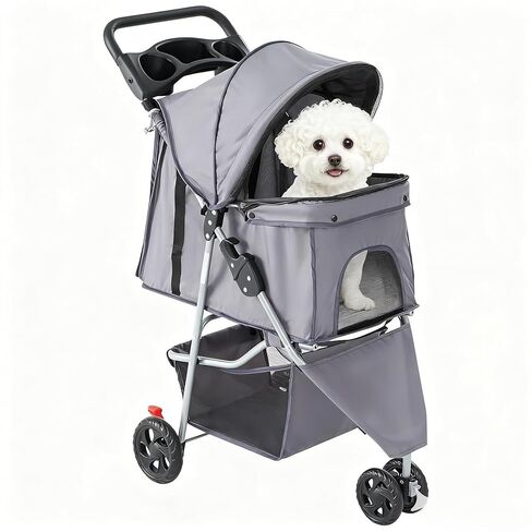 3 Wheels Pet Stroller,Storage Basket and Cup Holder, Breathable Mesh, Waterproof and Foldable for Small/Medium Dogs and Cats Strollers, Lightweight Travel Carrier for Daily Walks & Outdoor，Grey in Kuwait
