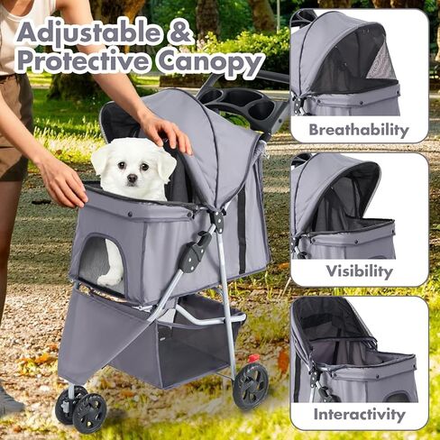 3 Wheels Pet Stroller,Storage Basket and Cup Holder, Breathable Mesh, Waterproof and Foldable for Small/Medium Dogs and Cats Strollers, Lightweight Travel Carrier for Daily Walks & Outdoor，Grey in Kuwait