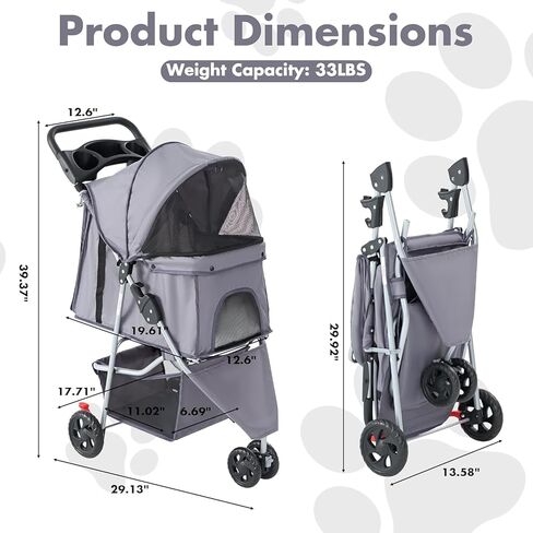 3 Wheels Pet Stroller,Storage Basket and Cup Holder, Breathable Mesh, Waterproof and Foldable for Small/Medium Dogs and Cats Strollers, Lightweight Travel Carrier for Daily Walks & Outdoor，Grey in Kuwait