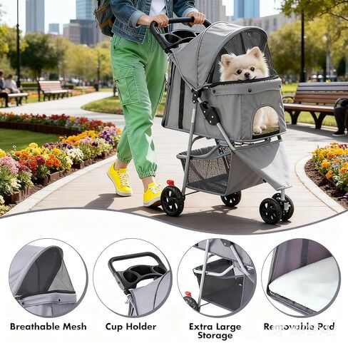 3 Wheels Pet Stroller,Storage Basket and Cup Holder, Breathable Mesh, Waterproof and Foldable for Small/Medium Dogs and Cats Strollers, Lightweight Travel Carrier for Daily Walks & Outdoor，Grey in Kuwait