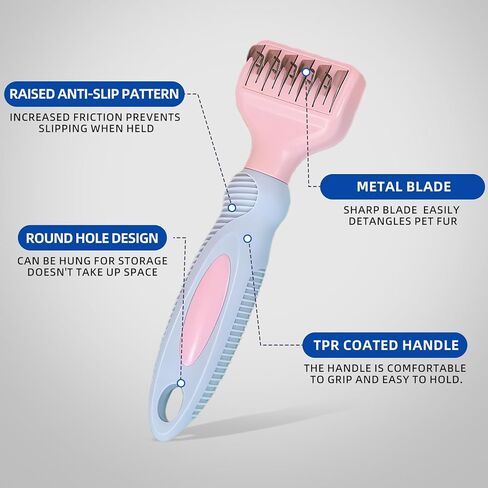 HOP Pink Professional Pet Dematting Comb with Handle Stainless Steel Dematting Fur Rake Brush Pet Grooming Tool for Long-Haired Dogs and Cats Remove Loose Hair Mats Knots Tangles in Kuwait