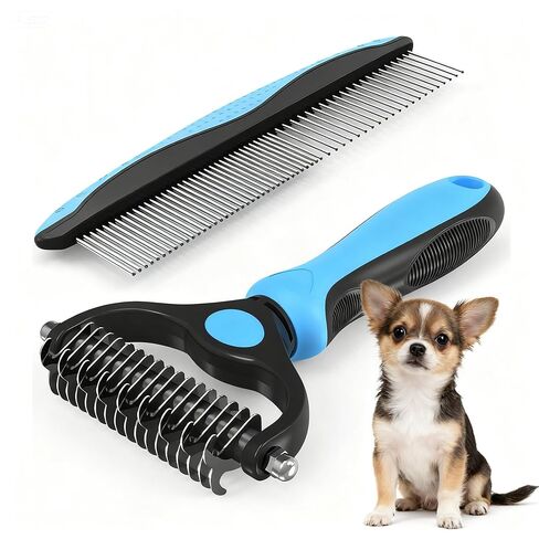 Double-Sided Pet Dematting Comb – 2-in-1 Undercoat Rake for Dogs & Cats, Stainless Steel Blade + PP Handle, Removes Tangles & Floating Hair, Lightweight 113 g, Home Grooming Tool in Kuwait