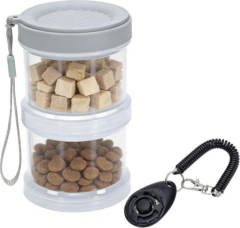 Portable Dog Treat Container 2 Layers, Dog Treat Jars and Dog Traning Clickers, Airtight Stackable Pet Food Holder for Outdoor Training, Travel -BPA Free (Gray) in Kuwait