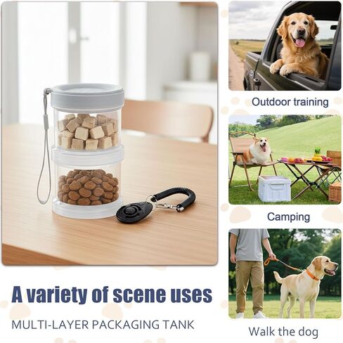 Portable Dog Treat Container 2 Layers, Dog Treat Jars and Dog Traning Clickers, Airtight Stackable Pet Food Holder for Outdoor Training, Travel -BPA Free (Gray) in Kuwait