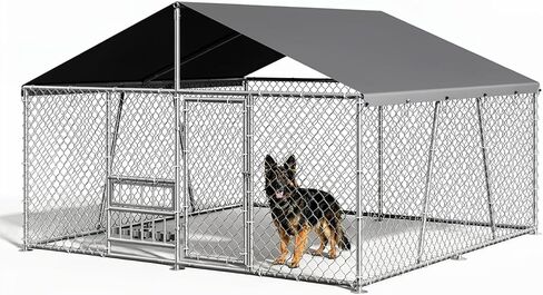 GarveeHome Large Metal Outdoor Dog Kennel, 10×10×5.9 ft Metal Wire Dog Enclosure with Waterproof Roof & Adjustable Bowls Feeder for Backyard Farm in Saudi Arabia