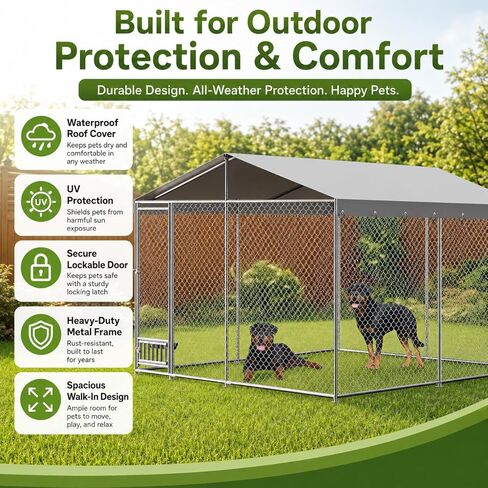 10x10 ft Outdoor Dog Kennel with Waterproof Roof, Heavy-Duty Lockable Dog House & Enclosure for Backyard, Large Pet Exercise Run, Secure Metal Frame, Matte Finish in Saudi Arabia
