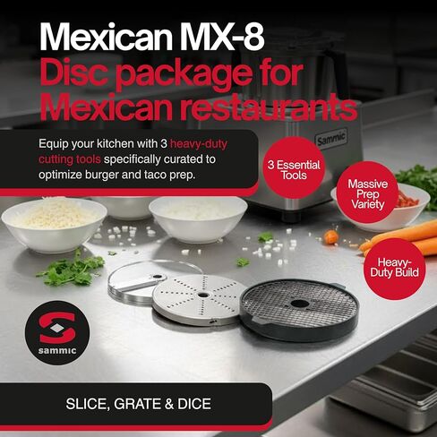 مجموعة أقراص Sammic MX8 لتقطيع الخضروات، تتضمن شبكة تقطيع 5/16 بوصة (FMC-8D)، قرص تقطيع 5/16 بوصة (FC-8D)، قرص بشر 1/8 بوصة (SH-3)، حزمة أقراص خاصة للمطاعم المكسيكية، الاستخدام التجاري in Kuwait