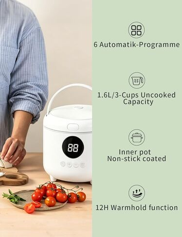 Small Rice Cooker, 3-Cups Uncooked/ 6-Cups Cooked with Handle, 6 Intelligent Cooking Modes for White Rice, Quinoa, Oatmeal - with Nonstick Inner Pot, Measuring Cup & Serving Spoon, 1.6L Capacity in Kuwait