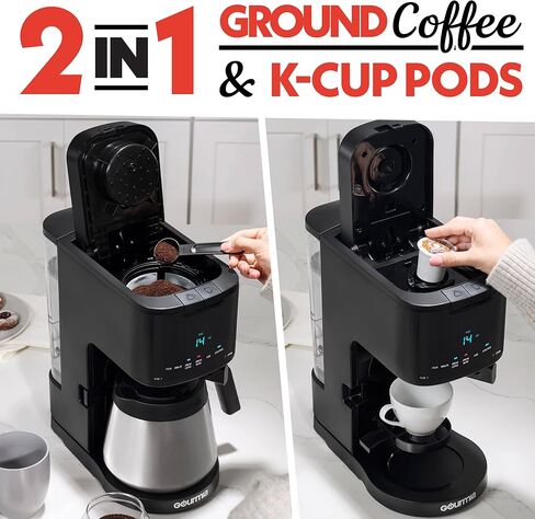 ماكينة صنع القهوة جورميا 2 في 1 فردية و12 كوب - مشروب بالتنقيط، متوافق مع K-Cup، قابل للبرمجة والإيقاف المؤقت والخدمة، فلتر قابل للإزالة، إبريق حراري، أسود in Kuwait