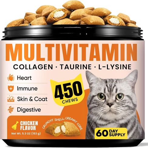 Cat Vitamin Treats with L-Lysine & Taurine – 12 Essential Vitamins & 5 Minerals, Cat Multivitamin Supplement for Immune, Joint & Skin Support, Daily Health Formula for Indoor & Senior Cats – 450 Chews in Kuwait