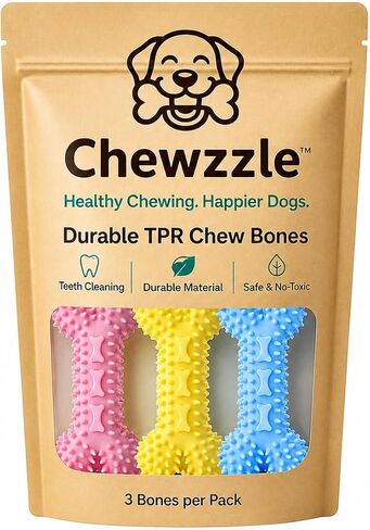 Chewzzle™ مجموعة من 3 ألعاب مضغ للكلاب الصغيرة وألعاب تسنين الجراء (3+ أشهر) | مادة TPR آمنة | 6×12 سم | للمضغ الخفيف إلى المعتدل | غير سامة | تم اختباره بواسطة SGS in Kuwait