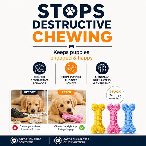Chewzzle™ مجموعة من 3 ألعاب مضغ للكلاب الصغيرة وألعاب تسنين الجراء (3+ أشهر) | مادة TPR آمنة | 6×12 سم | للمضغ الخفيف إلى المعتدل | غير سامة | تم اختباره بواسطة SGS in Kuwait