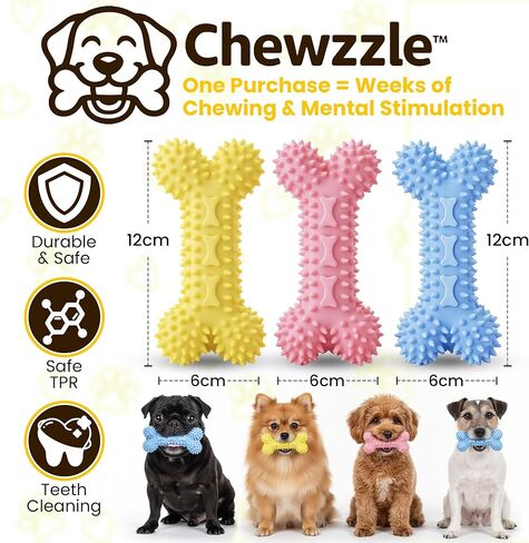 Chewzzle™ مجموعة من 3 ألعاب مضغ للكلاب الصغيرة وألعاب تسنين الجراء (3+ أشهر) | مادة TPR آمنة | 6×12 سم | للمضغ الخفيف إلى المعتدل | غير سامة | تم اختباره بواسطة SGS in Kuwait