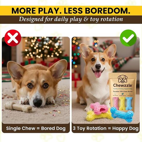 Chewzzle™ مجموعة من 3 ألعاب مضغ للكلاب الصغيرة وألعاب تسنين الجراء (3+ أشهر) | مادة TPR آمنة | 6×12 سم | للمضغ الخفيف إلى المعتدل | غير سامة | تم اختباره بواسطة SGS in Kuwait