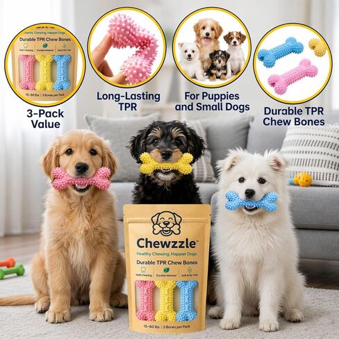 Chewzzle™ مجموعة من 3 ألعاب مضغ للكلاب الصغيرة وألعاب تسنين الجراء (3+ أشهر) | مادة TPR آمنة | 6×12 سم | للمضغ الخفيف إلى المعتدل | غير سامة | تم اختباره بواسطة SGS in Kuwait
