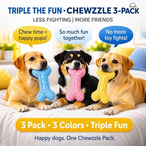 Chewzzle™ مجموعة من 3 ألعاب مضغ للكلاب الصغيرة وألعاب تسنين الجراء (3+ أشهر) | مادة TPR آمنة | 6×12 سم | للمضغ الخفيف إلى المعتدل | غير سامة | تم اختباره بواسطة SGS in Kuwait