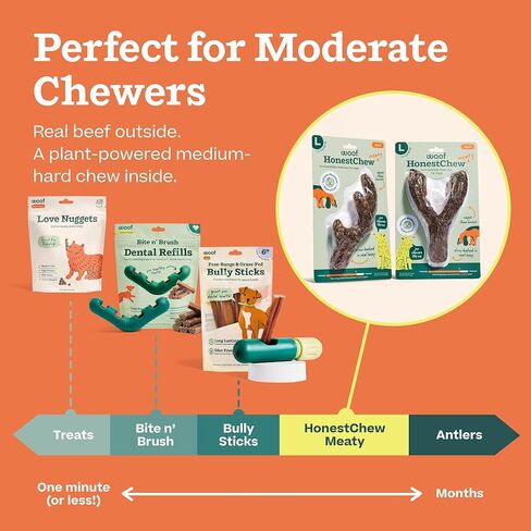 مضغ WOOF HonestChew Meaty Antler للكلاب - مصنوع من طبقة خارجية من لحم البقر الحقيقي ومكونات نباتية طبيعية - مقاومة للشظايا - أكثر أمانًا من الجلود الخام وعظام الكلاب - متوسط in Kuwait