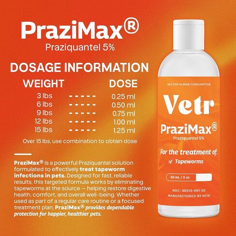 دعم معوي سائل للكلاب والقطط مع Vetr PraziMax - يستهدف الديدان الشريطية - زجاجة 60 مل مع قطارة - نكهة الدجاج المشوي in Kuwait