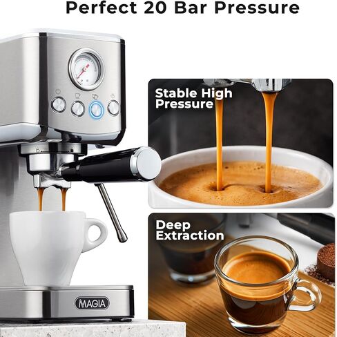 Zulay Kitchen Magia Compact Espresso Machine – 20 Bar Coffee Maker with Milk Frother Steam Wand, Latte & Cappuccino Maker, 1350W Fast Heating, 40oz Removable Water Tank, Stainless Steel – Silver in Saudi Arabia