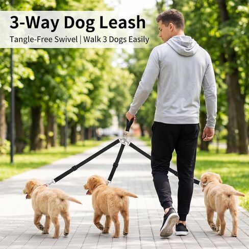 Retractable Dog Leash, 3 Way Triple Lead with Tangle Free Swivel Detachable Nylon Double Tug Leash Heavy Duty Multi Pet Chains for Walking 1 2 Or 3 Large Medium Small Dogs in Kuwait